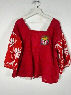 Womens Red Boho Embroidered Blouse Top Floral 3/4 Sleeve Square Neck Art To Wear